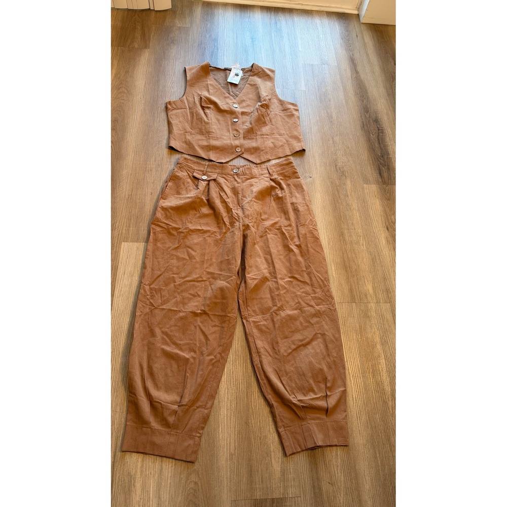 PrettyGarden Womens 2 Piece Set Camel Brown Vest and Pleated Tapered Pants XXL